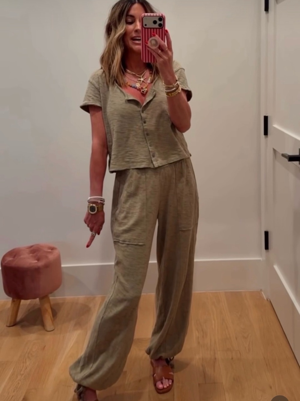 Universal Thread Olive Green Cropped Button Top & Elastic-Waist Joggers